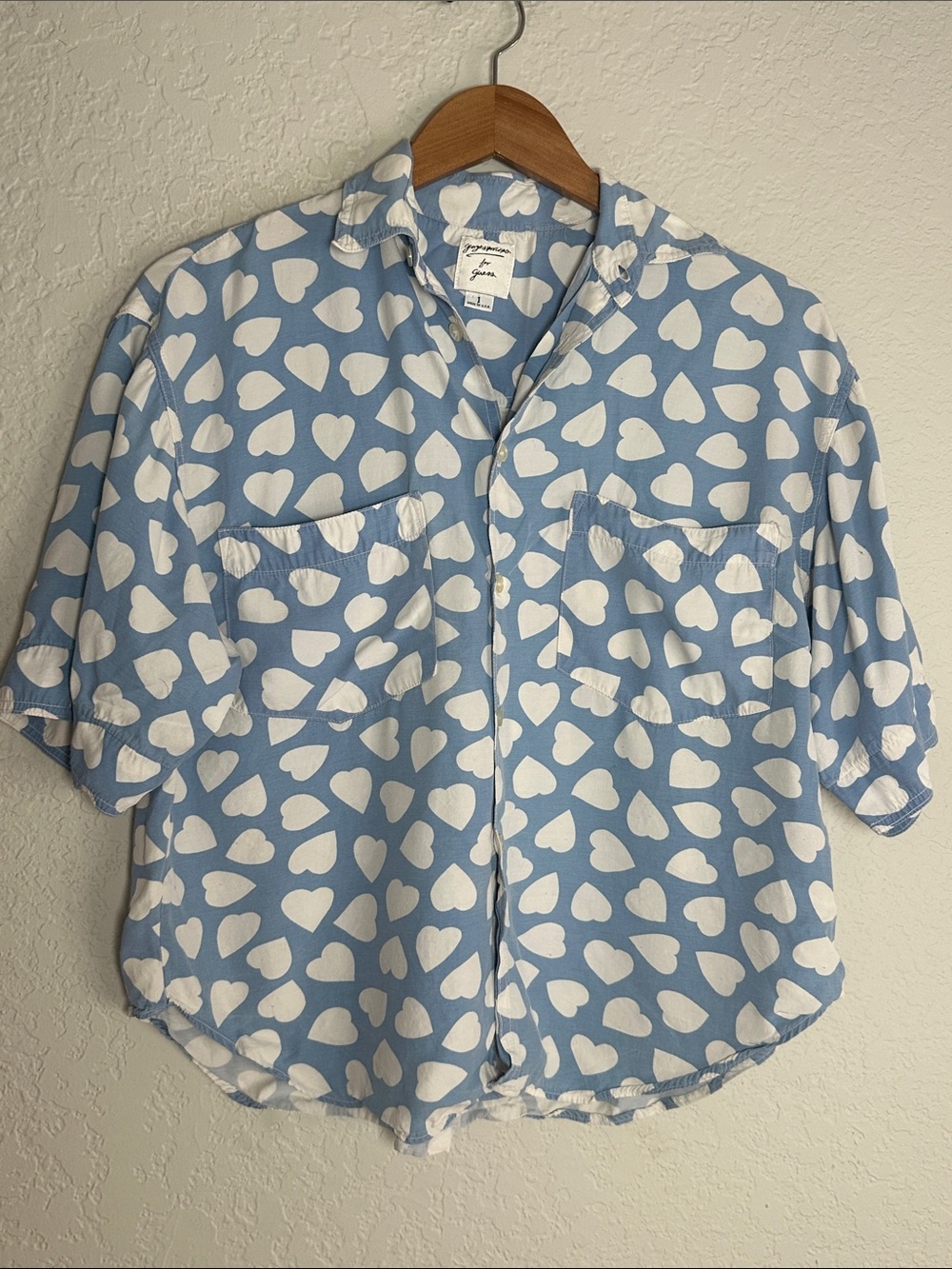 Vintage Guess Shirt Blue White Hearts Popover Button Up Summer Love Size Medium